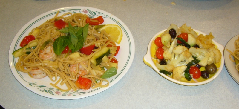 Shrimp linguine and cauliflower antipasto